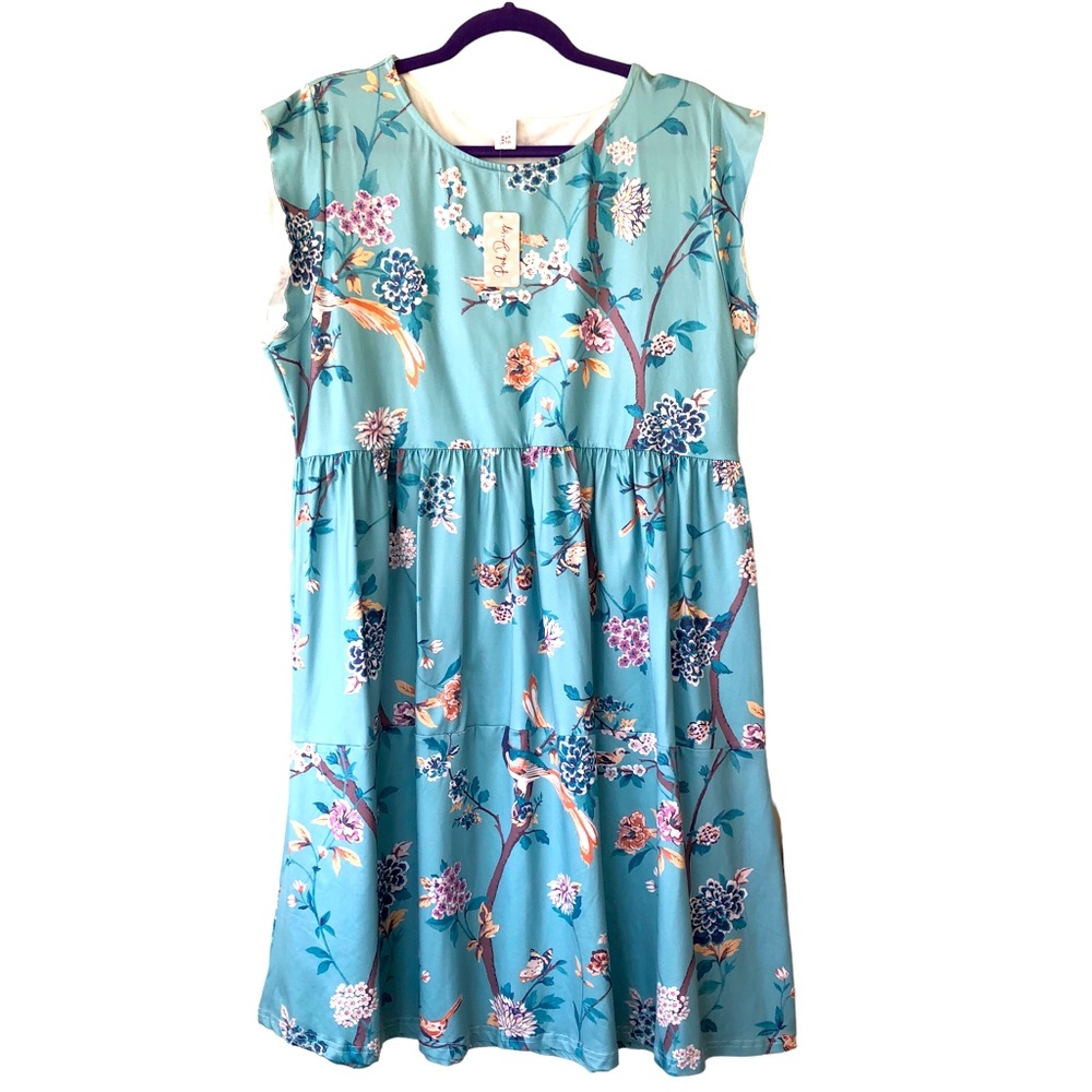(121) Pink Daisy NWT Cherry Blossom Soft Turquoise Below the Knee Dress (1X)